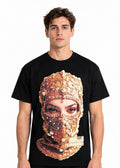 Model wearing the Imaan Vouge Adorned T-Shirt in black with hand-set pearl graphic, front view