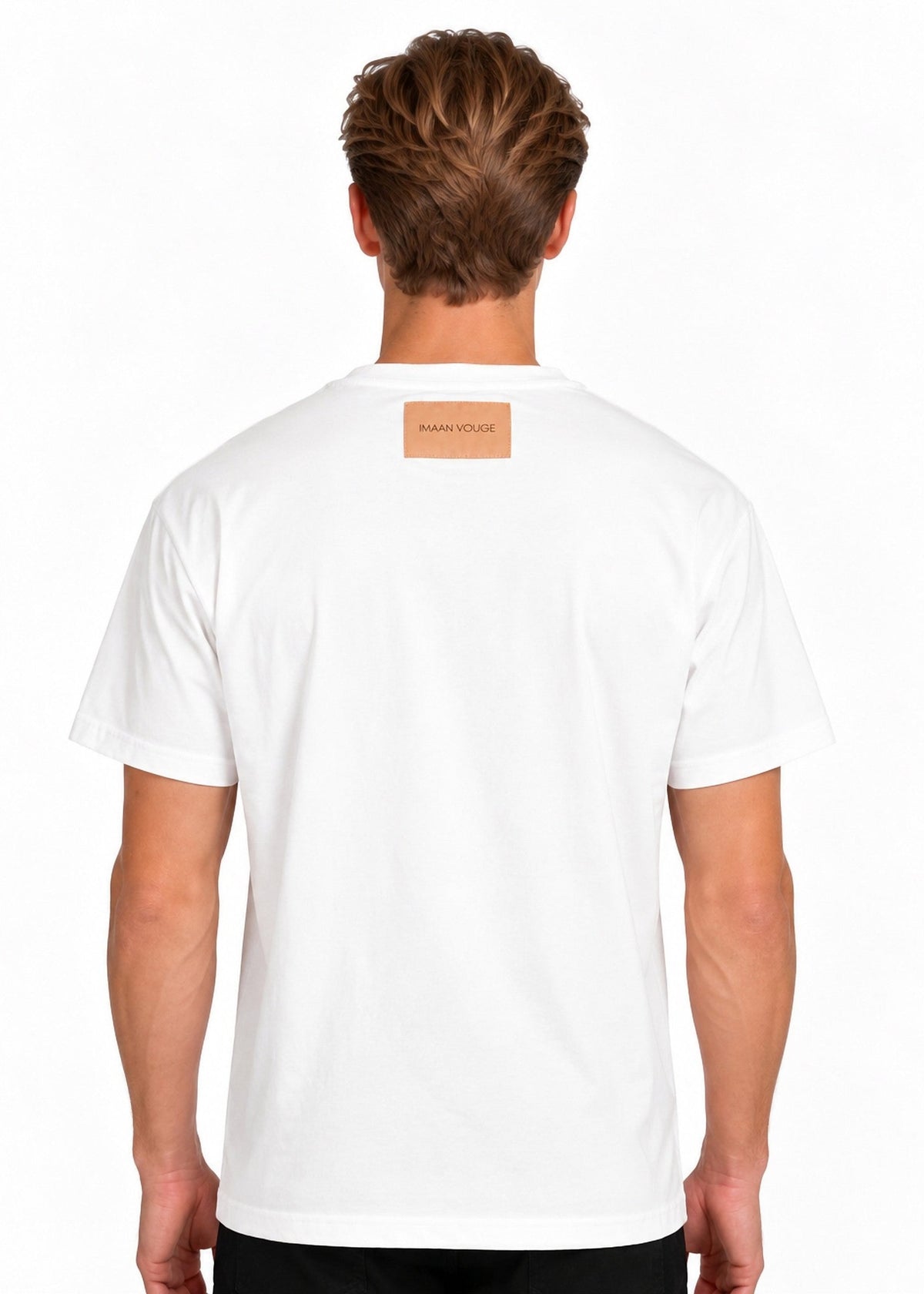 Model wearing the Imaan Vouge Adorned T-Shirt in white, back view showing the signature logo patch
