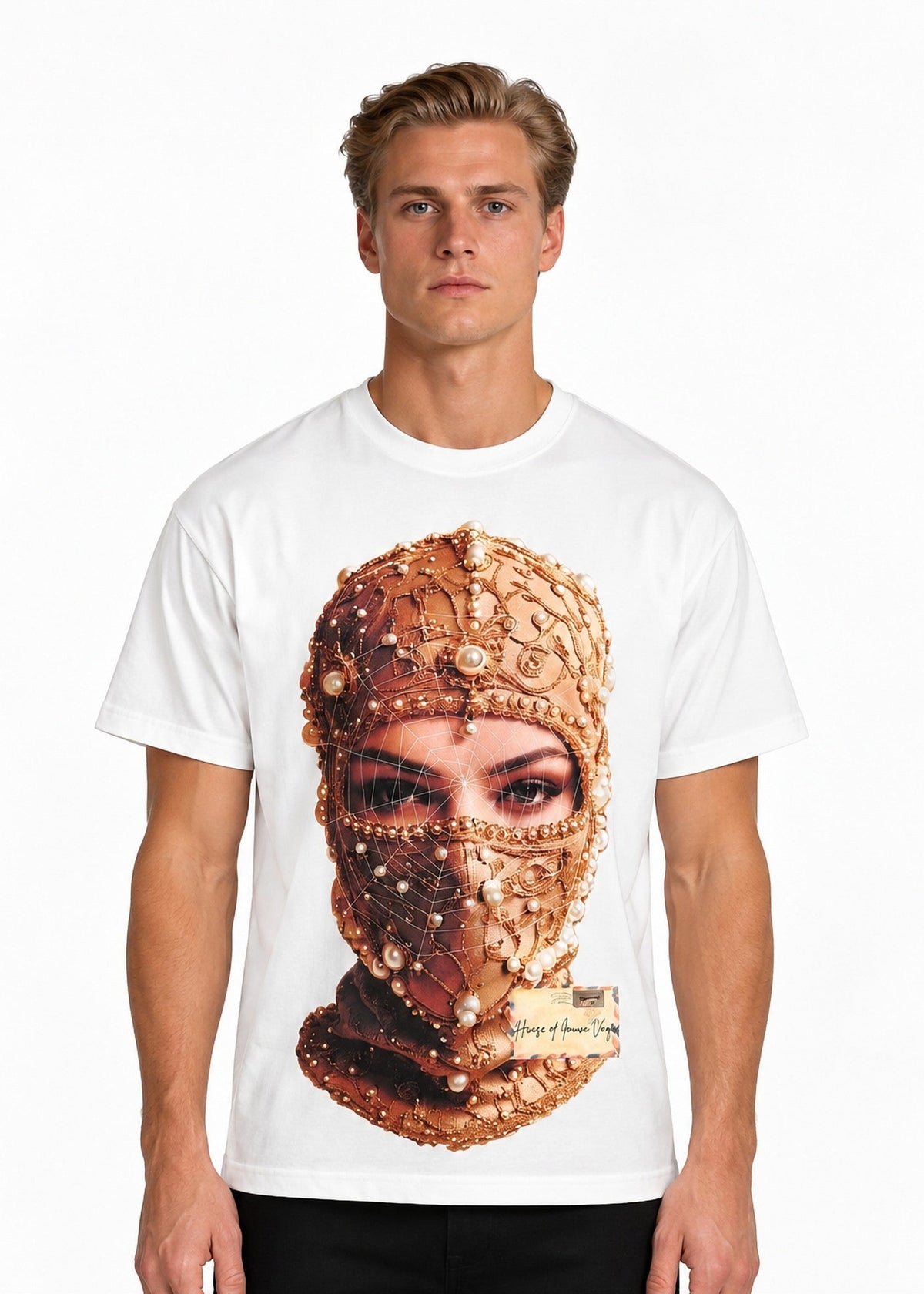 Model wearing the Imaan Vouge Adorned T-Shirt in white with hand-set pearl graphic, front view