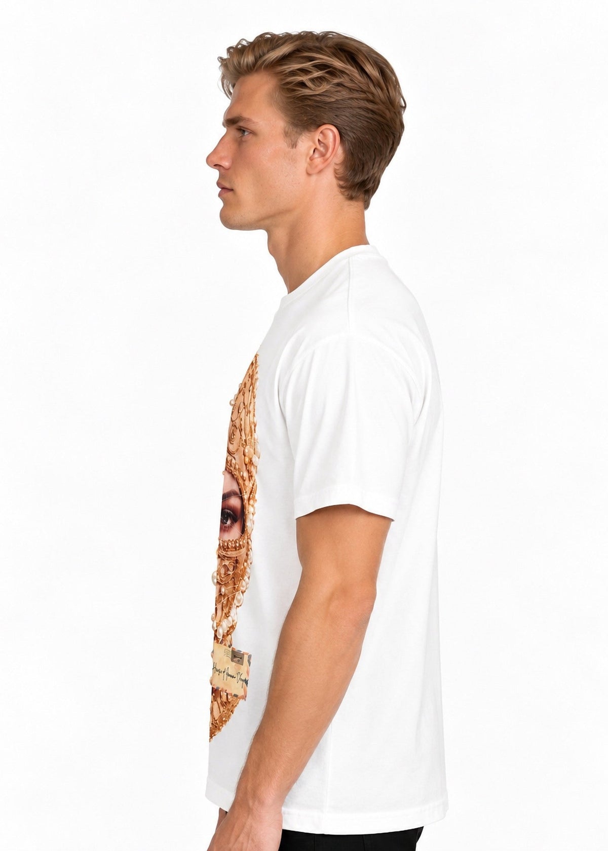 Model wearing the Imaan Vouge Adorned T-Shirt in white, side view showing the relaxed dropped-shoulder fit