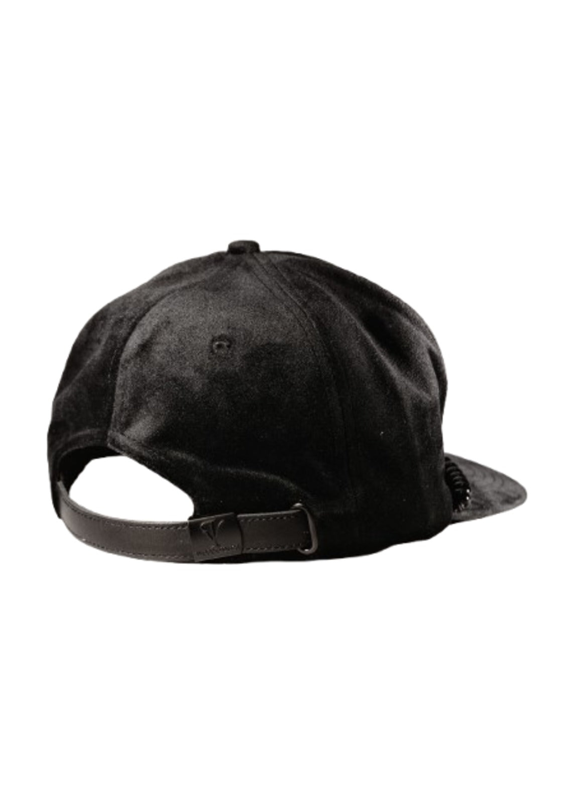 Back view of the Imaan Vouge 5-Panel Noble Hat in black velvet with adjustable leather strap