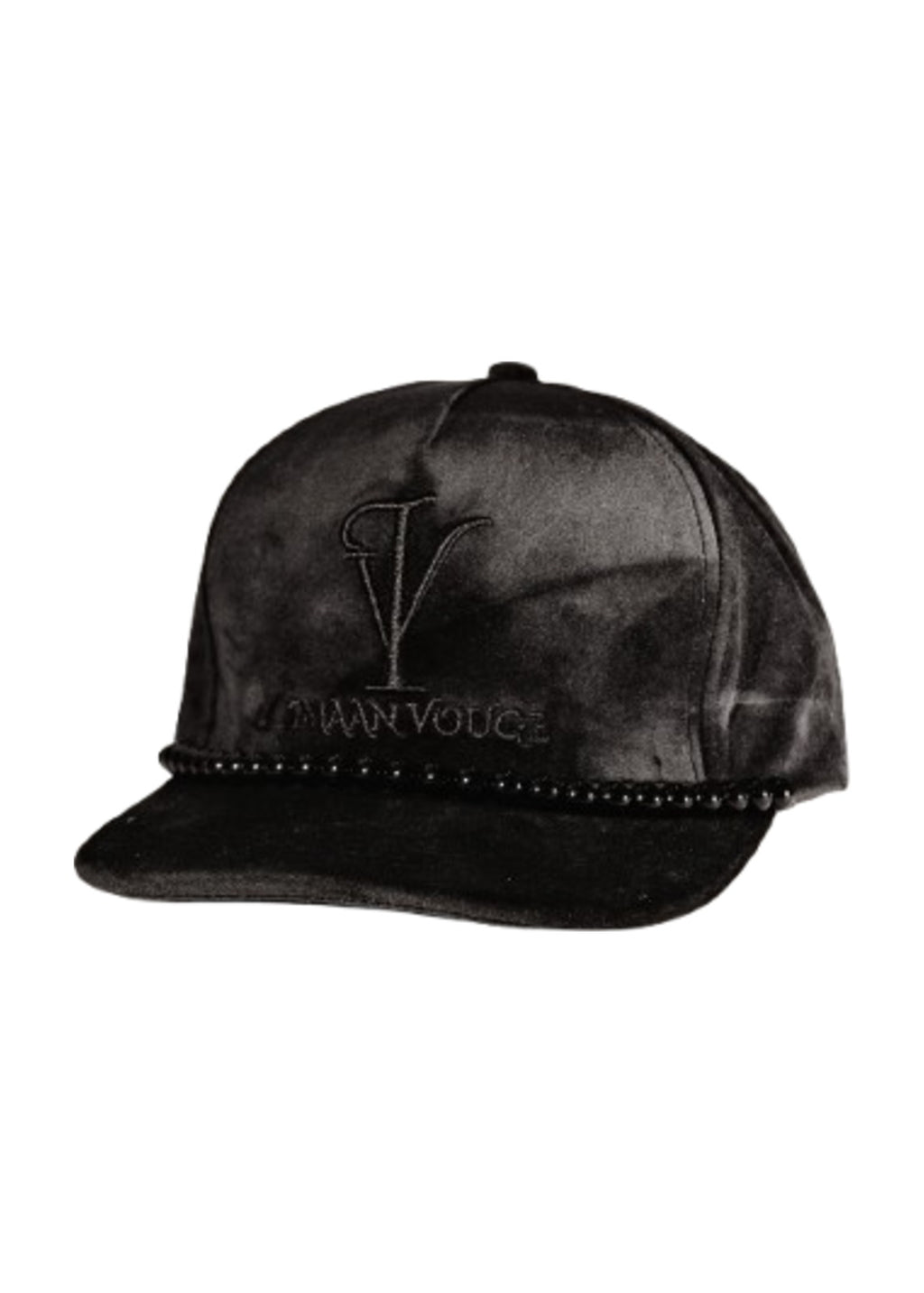 Front view of the Imaan Vouge 5-Panel Noble Hat in black velvet with embroidered logo and beaded trim