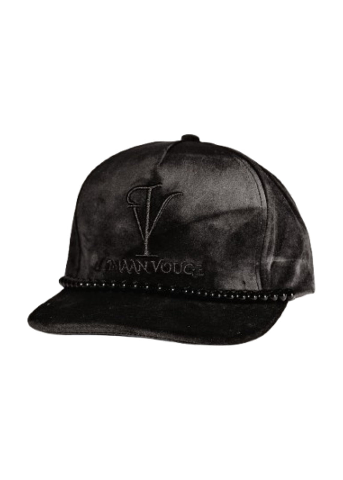 Front view of the Imaan Vouge 5-Panel Noble Hat in black velvet with embroidered logo and beaded trim