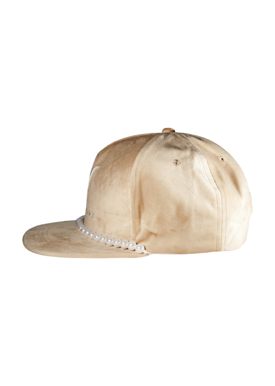 Side view of the Imaan Vouge 5-Panel Noble Hat in nude velvet with pearl trim along the brim