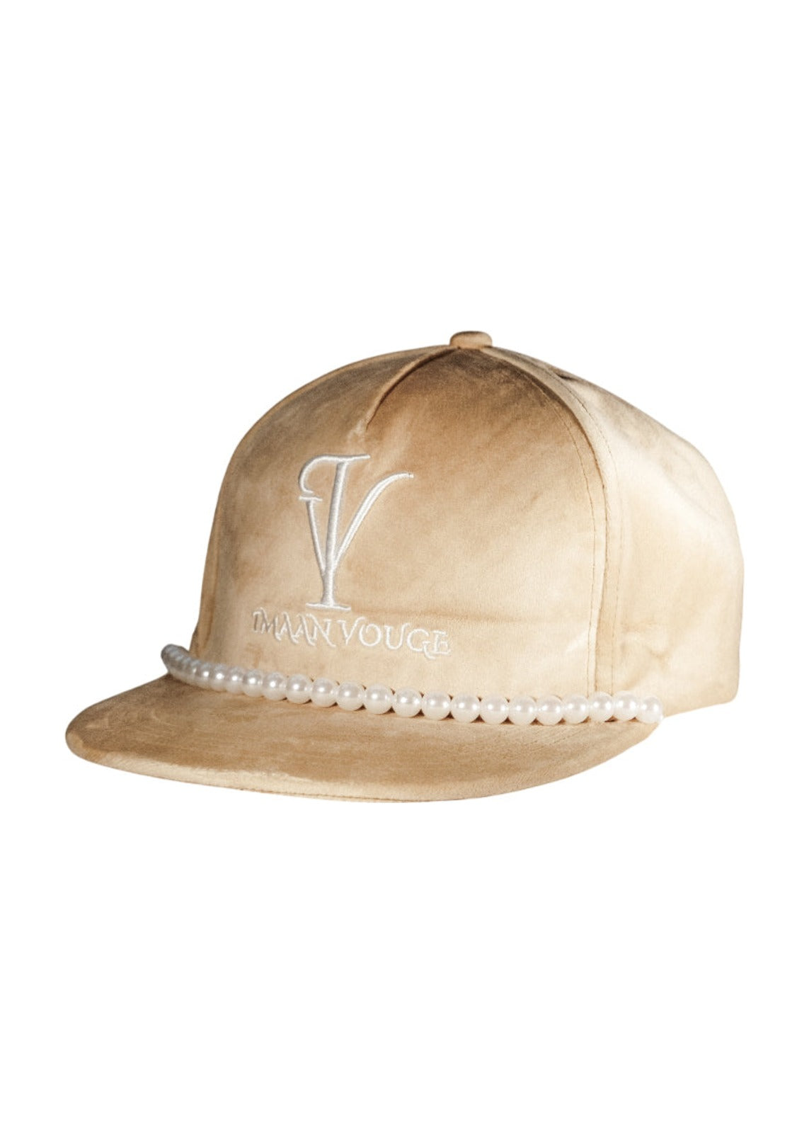 Front view of the Imaan Vouge 5-Panel Noble Hat in nude velvet with embroidered logo and pearl trim